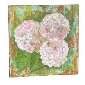 Original Painting Acrylic Hydrangeas Flowers Canvas Distressed Signed 10 X 10”